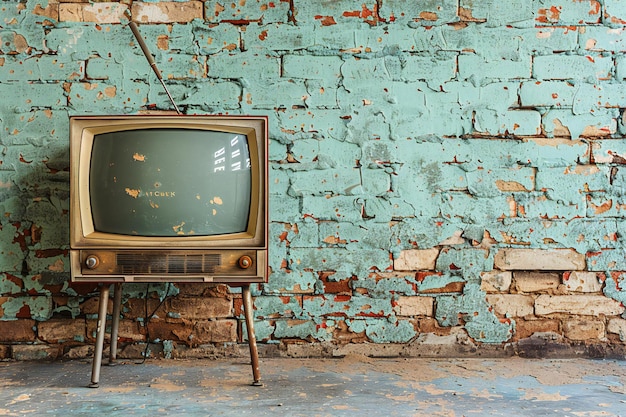 Vintage-Retro-Fernseher gegen eine Ziegelsteinmauer mit Platz für das Kopieren eines Retro-Fernsehgeräts auf einem Stand in der Nähe eines