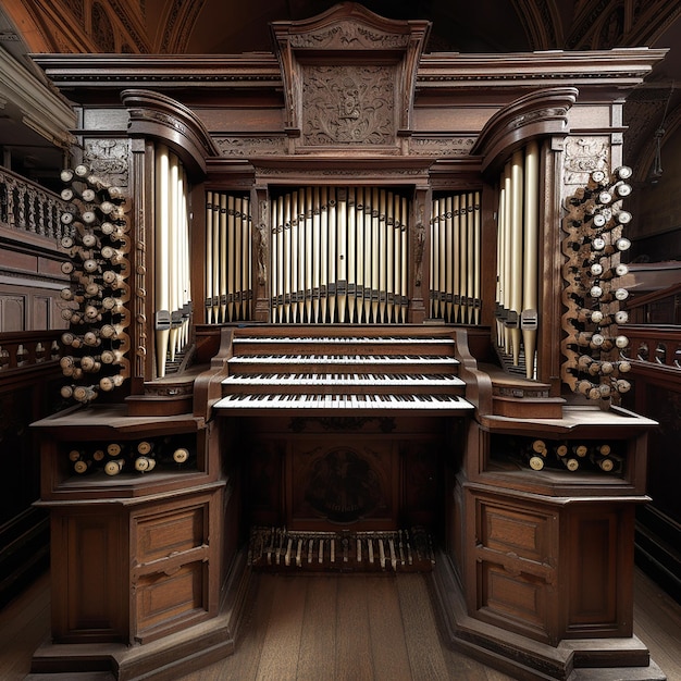 Vintage-Retro-Kirchenorgel-Metallrohre mit schönem geschnitztem Muster auf altem Holz