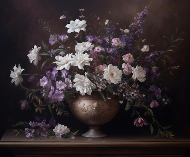 Vintage retro vaso flor escuro jardim sombra buquê de flores em vaso ilustração digital