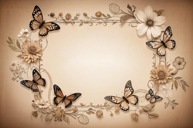 Foto vintage retro vibe textura de papel antigo com borboletas e flores de fundo