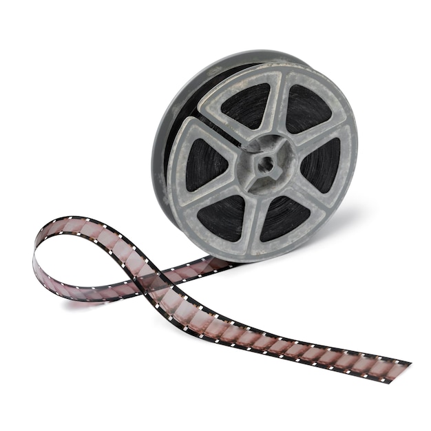 Vintage rollo de película de 16 mm y película sobre fondo blanco.
