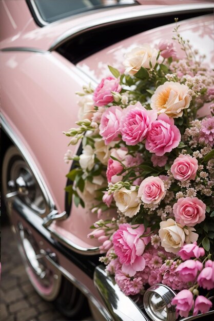 Vintage Romantik Hochzeit Pink altes Auto mit Blumen geschmückt in der Tiefe des Feldes