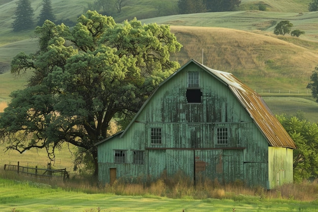 Vintage rustikale Scheune auf einem grasbewachsenen Feld