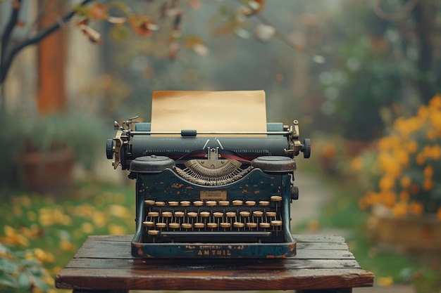 Vintage-Schreibmaschine mit Papier im Freien in einem Garten