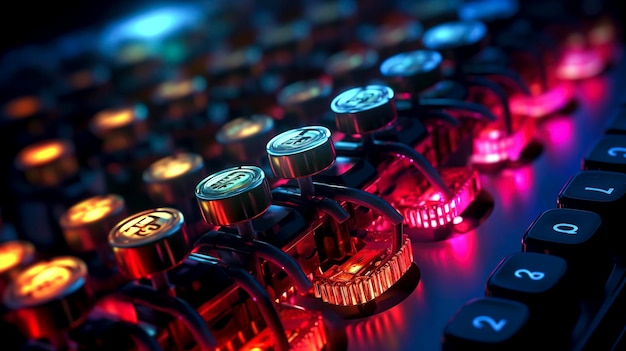 Vintage Schreibmaschinenschlüssel, die im Neonlicht leuchten, erstellt mit generativer KI-Technologie