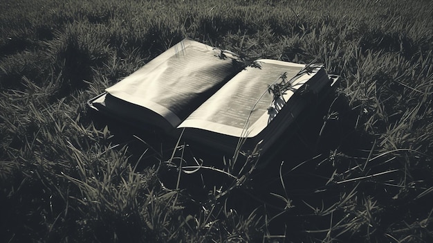 Vintage Schwarz-Weiß-Foto altes Buch auf einem grasbewachsenen Feld