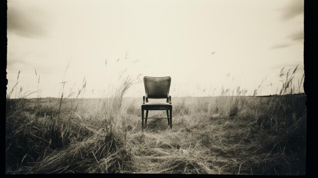 Foto vintage schwarz-weißes porträt leerer stuhl auf einem grasbewachsenen feld