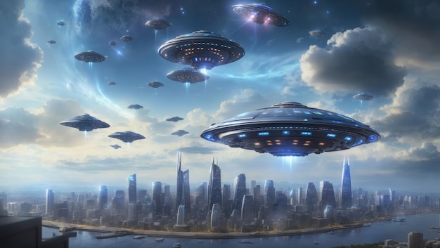 Vintage SciFi Retro Stadt von majestätischer UFO-Armada überfallen