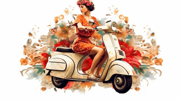 Foto vintage scooter joy paseo de una mujer feliz