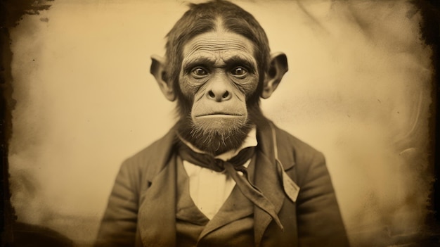 Foto vintage-sepiaton-schimpansenporträt ein roher und konfrontativer kalotyp des 19. jahrhunderts