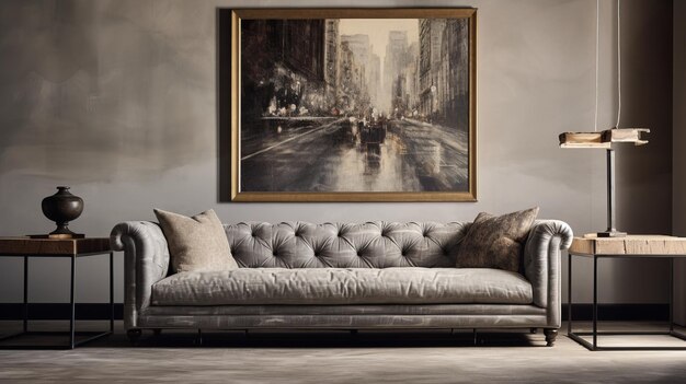 Vintage Sepiatoned Photography Inspirado Couch Cinzento com elegantes paisagens urbanas Pintura