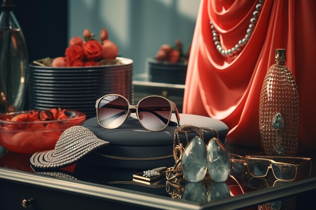 Foto vintage sonnenbrille auf dem tisch mit luxuriösen accessoires modisches konzept