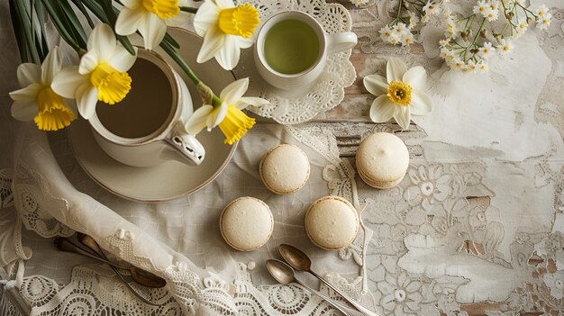 Vintage Spring Tea Time Flat Lay (tempo de chá de primavera)