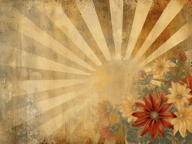 Vintage Sunburst-Hintergrund mit Blumen und Retro-Ornamenten