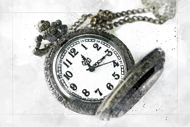 Vintage Taschenuhr isoliert auf weißem Hintergrund künstlerische Aquarell zeichnen