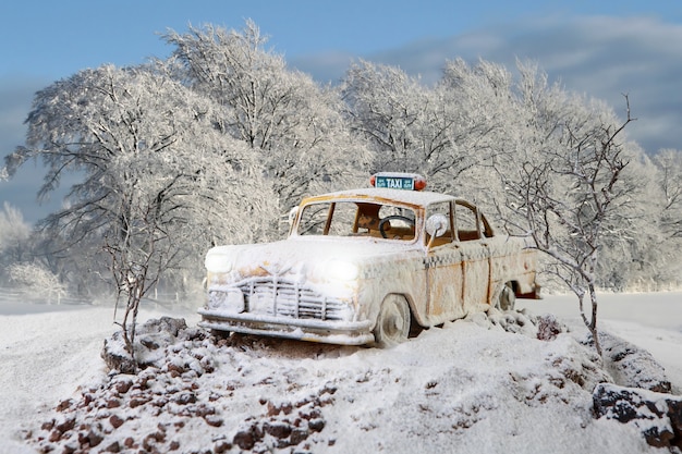 Vintage taxi aparcado en el bosque de invierno