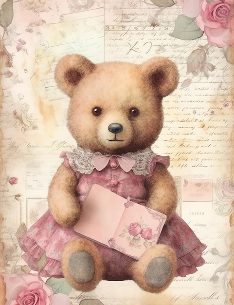 Vintage Teddybär, altes Papier, Schrott, Zeitschrift, digitales Papier.