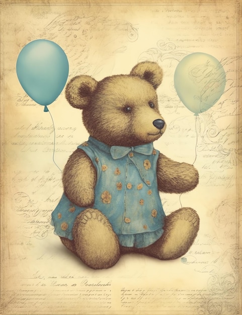 Vintage Teddybär, altes Papier, Schrott, Zeitschrift, digitales Papier.