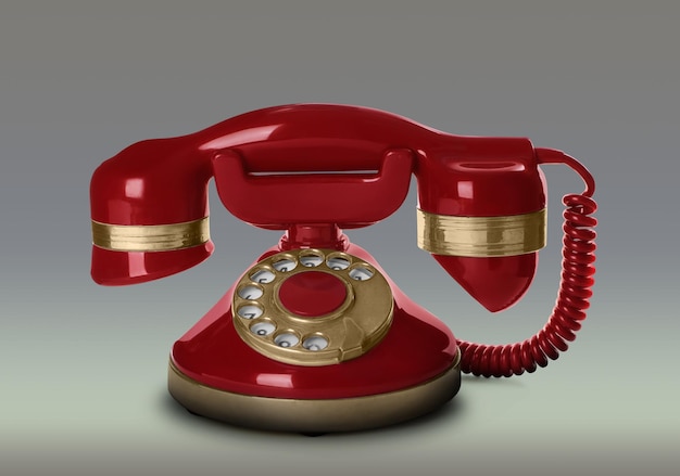 Vintage telefone com fio vermelho sobre fundo cinza claro