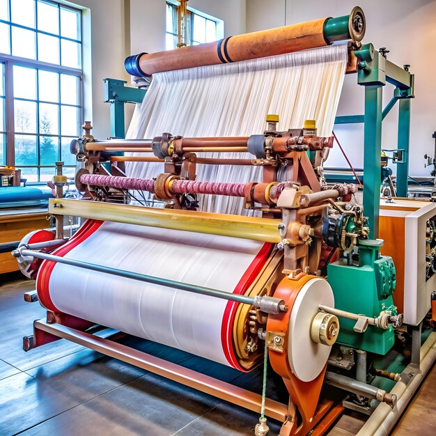 Vintage Textile Loom en operación Un primer plano de un telar textil en funcionamiento que muestra la intrincada mecánica y el proceso de tejer tela