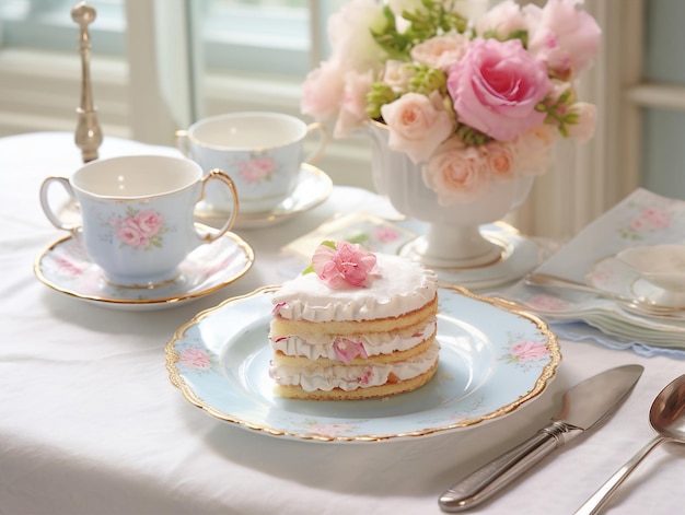 Vintage-Tisch mit Teekannen und Rosenkuchen
