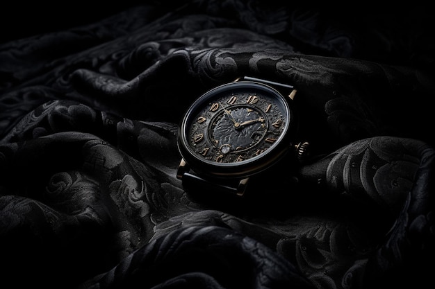 Vintage-Uhr auf schwarzem Seidengrund Selektive Fokussierung