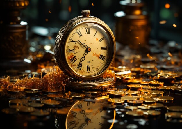Vintage-Uhr und Goldmünzen auf dunklem Hintergrund