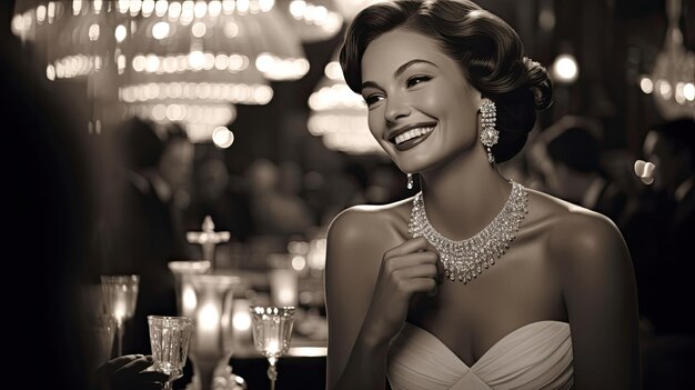 Vintage, uma linda mulher graciosa em um vestido branco rindo sentada no jantar