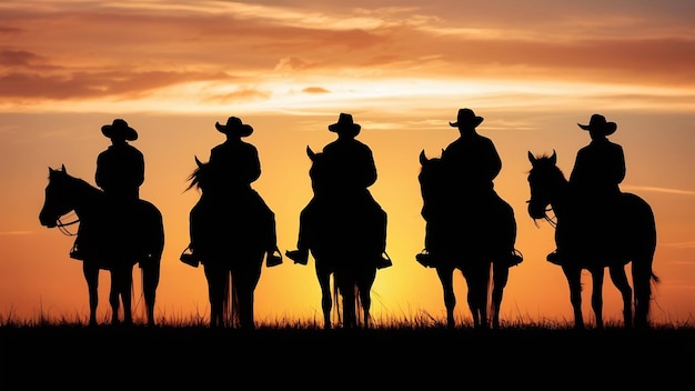 Vintage und Silhouetten einer Gruppe von Cowboys, die bei Sonnenuntergang auf Pferden sitzen