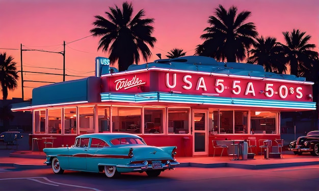 Foto vintage usa vibes aus den 60ern, abendessen im freien, neonschilder und autos