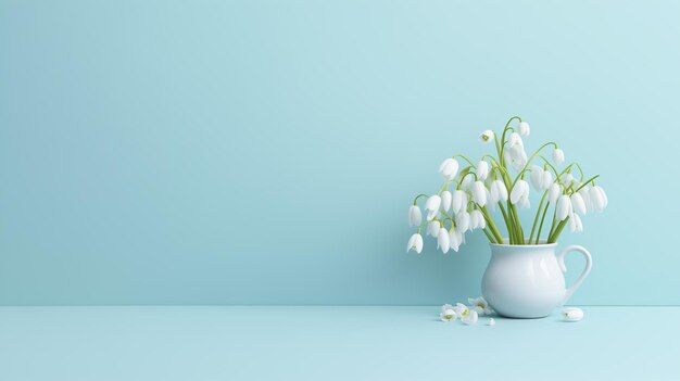 Vintage-Vase mit Schneedropfen auf einem armen blauen Hintergrund