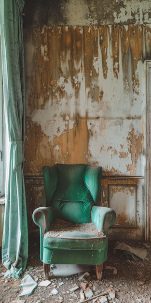 Foto vintage vertical uma cadeira verde desgastada em uma casa abandonada com cortinas rasgadas