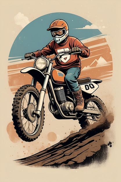 Vintage Vibe Retro Dirt Bike Cartoon mit klassischem Design, Used-Look-Texturen und nostalgischer Farbe