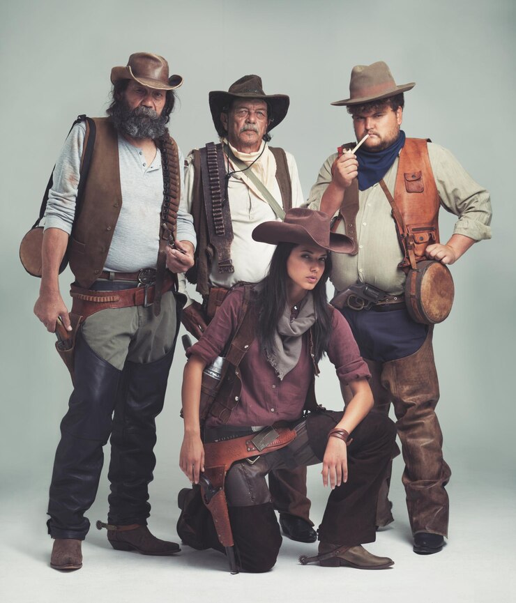 Foto vintage western e retrato de cowboy em estúdio com moda para traje de halloween e personagem homem mulher e grupo de pessoas com confiança para banda criminal e estilo de vida fora da lei juntos