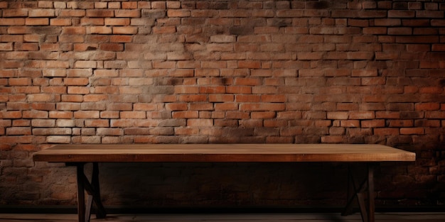 Vintage Ziegelsteinwandhintergrund mit braunem Holztisch im dunklen Innenraum für die Produktplatzierung