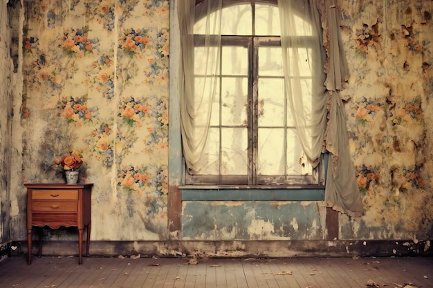 Vintage-Zimmer mit altem Fenster und Blumen. Foto im alten Farbbildstil