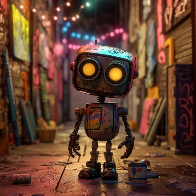 Vintage-Zinnroboter auf Grunge-Hintergrund, 3D-Illustration