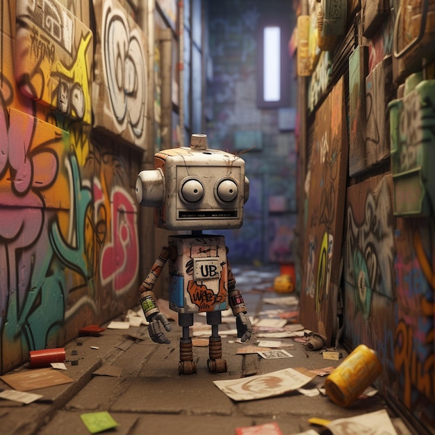 Vintage-Zinnroboter auf Grunge-Hintergrund, 3D-Illustration