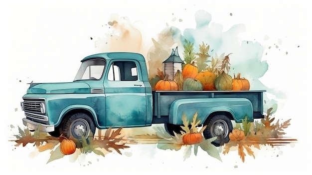 Vintager türkisfarbener Aquarell-LKW mit herbstlichen Bauernhofpflanzen