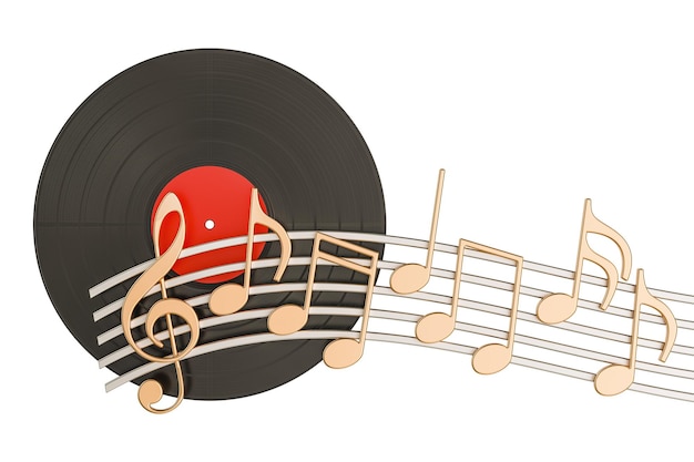 Vinyl-Platte mit Musiknoten Musikkonzept 3D-Rendering