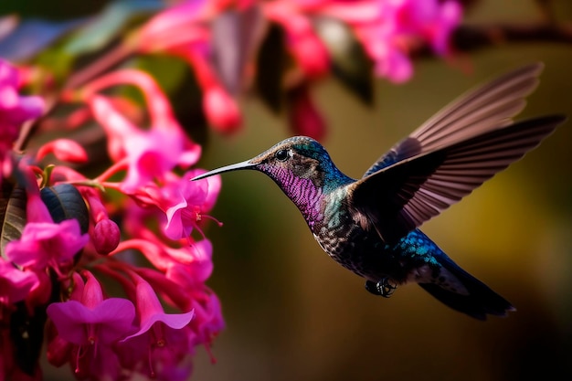 Violet Sabrewing, ein Kolibri, fliegt in der Nähe einer atemberaubenden rosa Blüte in einer tropischen Umgebung