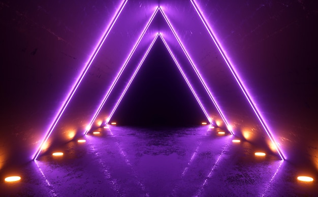 Violet Triangle Neon Laser Beam Brilhante Luminoso Sci Fi Futurista Espaço Corredor Concreto Piso Ilustração Renderização 3D