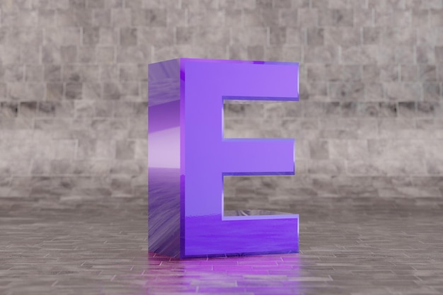 Violeta 3d letra E mayúscula. Letra índigo brillante sobre fondo de mosaico. Alfabeto metálico con reflejos de luz de estudio. Carácter de fuente renderizado 3D.