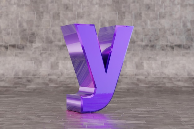 Violeta 3d letra Y minúscula. Letra índigo brillante sobre fondo de mosaico. Alfabeto metálico con reflejos de luz de estudio. Carácter de fuente renderizado 3D.