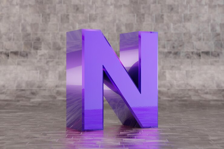 Foto violeta 3d letra n mayúscula. letra índigo brillante sobre fondo de mosaico. alfabeto metálico con reflejos de luz de estudio. carácter de fuente renderizado 3d.