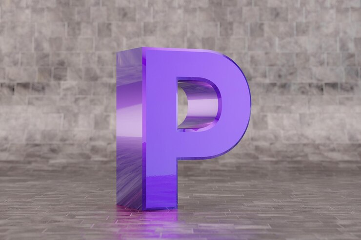 Foto violeta 3d letra p maiúscula. carta de índigo brilhante no fundo da telha. alfabeto metálico com reflexos de luz de estúdio. personagem de fonte renderizada 3d.