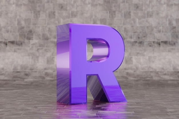 Violeta 3d letra R mayúscula. Letra índigo brillante sobre fondo de mosaico. Alfabeto metálico con reflejos de luz de estudio. Carácter de fuente renderizado 3D.