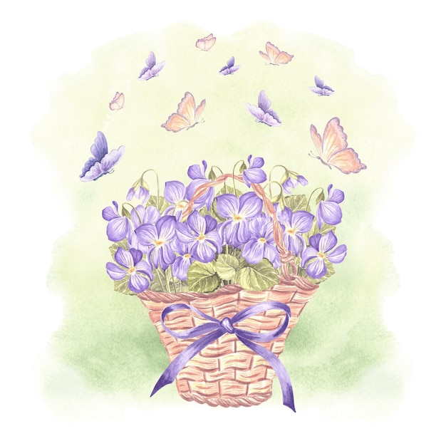 Violetas silvestres y mariposas en canasta de mimbre con arco y cordones ilustración de acuarela de primavera