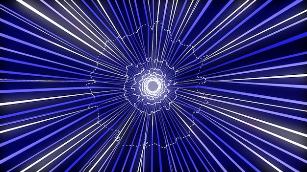 Violett-blauer abstrakter Meteor oder Raumfahrt mit Lichtgeschwindigkeit. Entfliehen Sie der Kamerageschwindigkeit oder dem Leuchten eines Meteors. Es ist zu sehen, wie feuerwerksartiges Licht die Kamera verlässt
