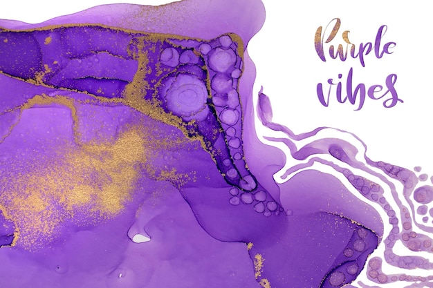 Violette und goldene Tinte fließt Grafik-Design-Vorlage mit Copyspace